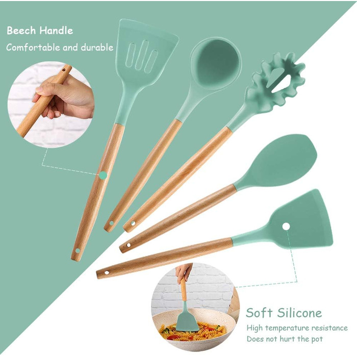 Набір кухонних аксесуарів Kochbesteck: 14 предметів з силікону з дерев'яними ручками, включаючи S-гачки, ложки та мірні ложки