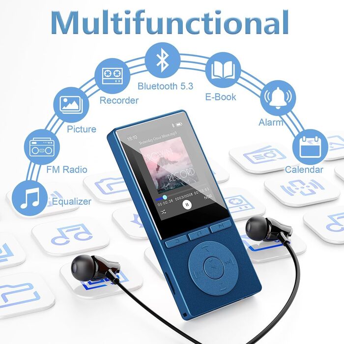 MP3 плеєр 64GB Bluetooth 5.3 з динаміком, HiFi звук, запис голосу, E-book, підтримка TF карти 128GB (Синій)