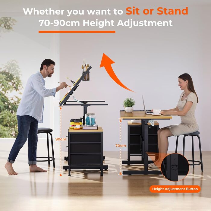 Adjustable Drafting Table with Tilt - 0-60° - Includes Stool & Storage - Wood Finish for Home & Office