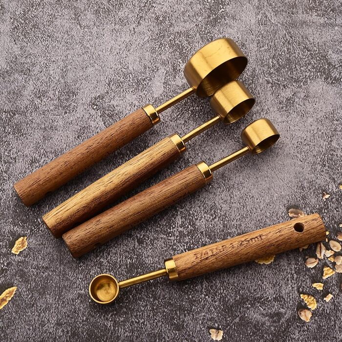 8-Piece Gold Measuring Cup and Spoon Set with Scale, BRIIEC Wooden Handle, Stainless Steel, Dry and Liquid Measuring Cups for Cooking, Baking