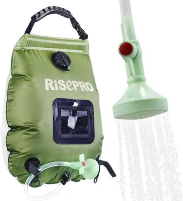 Соняшний душ RISEPRO 20л: портативна сонячна водогрілка для кемпінгу, подорожей, відпочинку на природі. Макс. температура 45°C, знімний шланг та душова насадка.