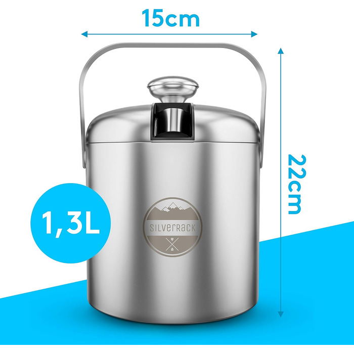 SilverRack Stainless Steel Ice Cube Container with Lid & Tongs [1.3l] - Ice Container for Ice Cubes, Perfect for Cold Drinks - Premium Ice Bucket as an Ice Cube Container