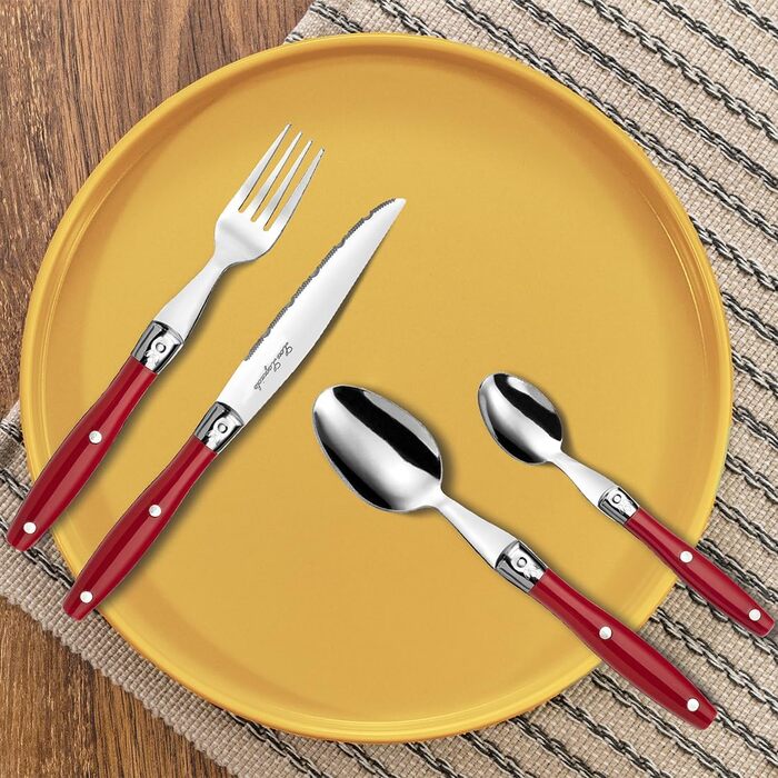 Набір столових приборів Lou Laguiole для стейків (24 шт.) | Набір столових приборів для 6 осіб | Червоний | Нержавіюча сталь | З хвилястим лезом