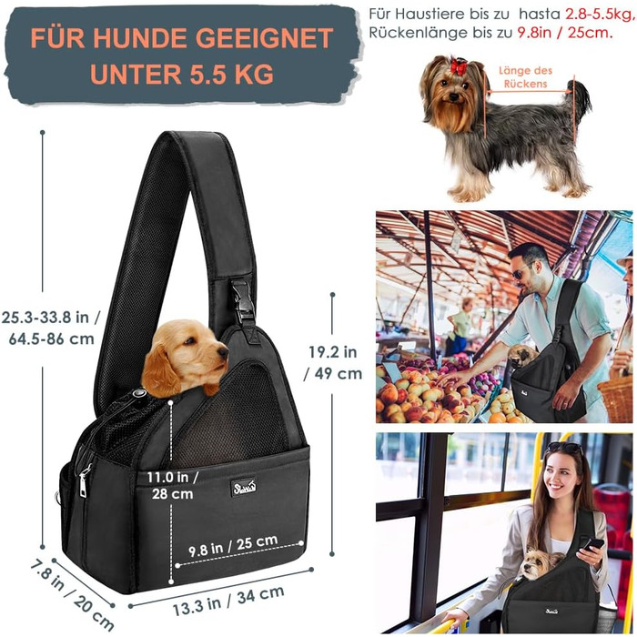 Dog-friendly sling carriers, hands-free travel bag for small pets with adjustable straps, hardboard base, safety belt, for dogs up to 2.8kg, wider version (L (For pets under 5.5kg), Black)
