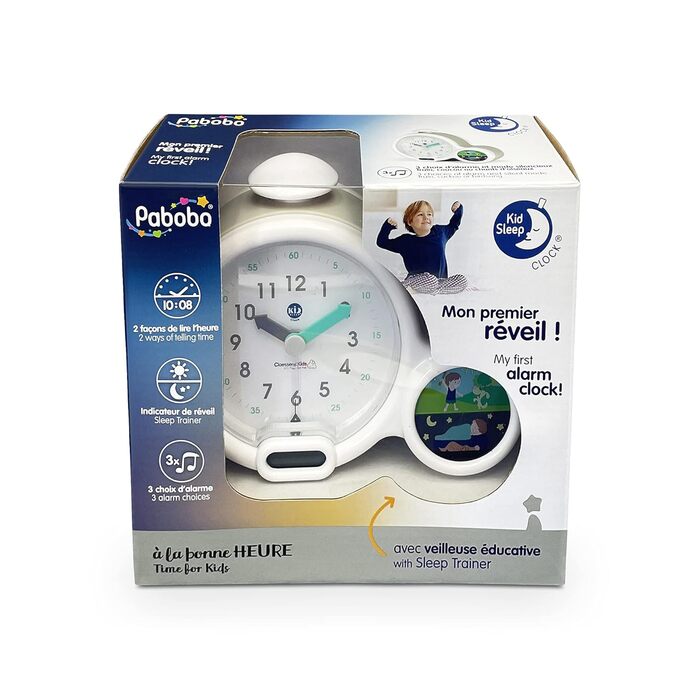 Pabobo Kid Sleep - Alarm Clock - Educational Children's Alarm Clock Day / Night Light - Dual Display and 3 Alarms to Choose From - Works on DC or Batteries – Grey