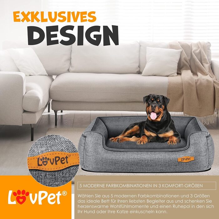Lovpet® Dog Bed, Dog Cushion, Dog Basket Chiller, Incl. Bowl + 3X Chew Bones, Dog Sofa Cushion for Small, Medium & Large Dogs, Removable and Washable Cover, L 90 x 75 x 25 cm Grey