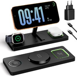 MagSafe зарядна станція 3-в-1 для iPhone, Apple Watch та AirPods (20W адаптер) - Чорна, складна індуктивна зарядка MagSafe сумісна з iPhone 17/16/15/14/13/12