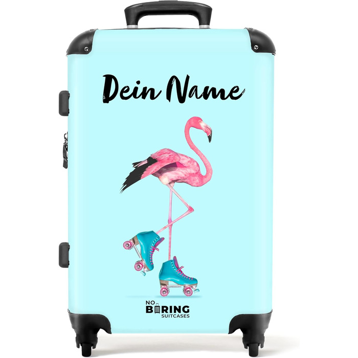 Дитячий валіза-роликовий колірний, 55x40x20 см, ручна поклажа, персоналізований, з ініціалами, для хлопчиків, з принтом 'Ренн-авто', легкий, з іменем, 2 фламінго на блакитних роликах