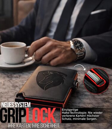 Чоловіче шкіряне портмоне для карток з RFID захистом та системою GripLock®, NFC, автоматичний висувний картхолдер, для 6-12 карток, чорний/червоний