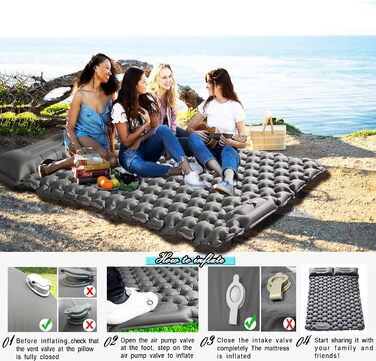 Double Camping Sleeping Pad - Inflatable, Self-Inflating, Ultra-Thick for 2 People with Pillow & Foot Pump - Hiking & Portable