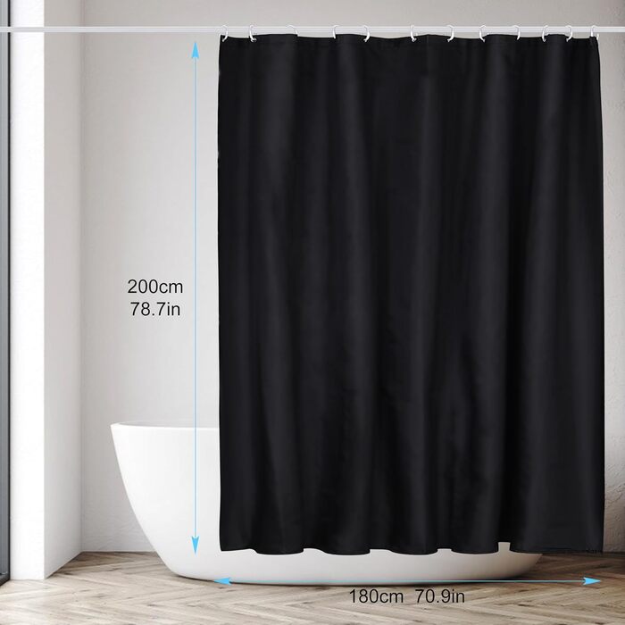 Шторка для душу DUFU, водонепроникна, миється | Швидковисихаюча тканина з поліестеру з 12 гачками | Напівпрозора захисна шторка для ванни (180x200 см, Темно-сірий) (Чорний 180x200 см)