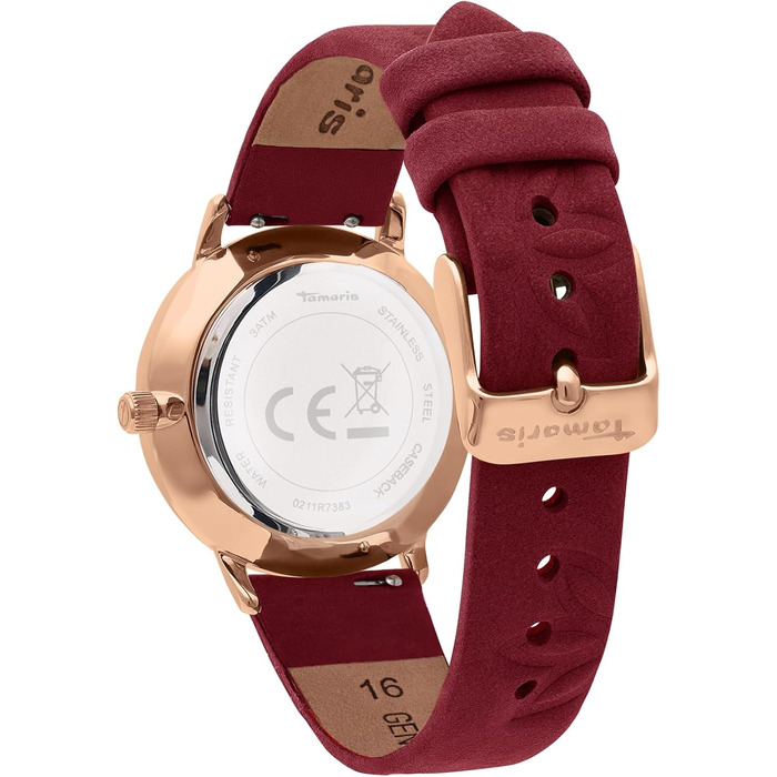 Годинник Tamaris для жінок з шкіряним ремінцем (рожеве золото / шкіряний ремінець з квітковим візерунком бордового кольору)