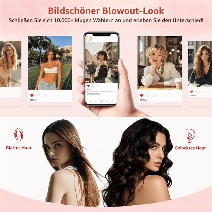 Мультистайлер для волосся 6 в 1 UKLISS Air Styler Set з дифузором, професійний фен-щітка 1000 Вт з LCD-дисплеєм, набір для укладки: локони, об'єм та вирівнювання, колір рожеве золото