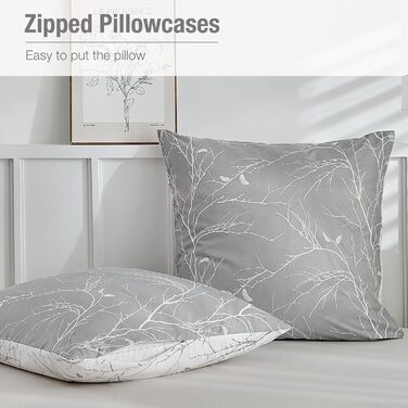 Постільна ковдра Lekesky 135x200 4-х частинна - 2 наволочки 135x200 см + 2 наволочки 80x80 см, квітковий принт, сірий поліестер мікрофібра з блискавкою, гілки сірий/білий