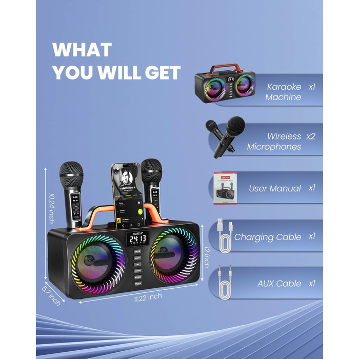 Караоке-машина для дорослих та дітей, портативна Bluetooth-система 80W – 2 бездротові мікрофони, регулювання ехо, USB/AUX-роз'єми, ідеальний подарунок для вечірок на природі