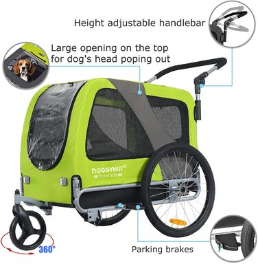 DOGGYHUT® Преміум великий велосипедний причіп для собак 2 в 1 / Візок-бігунок для собак / Причіп для собак великого розміру, 270 літрів, для собак середніх та великих порід до 35 кг (зелений / чорний)