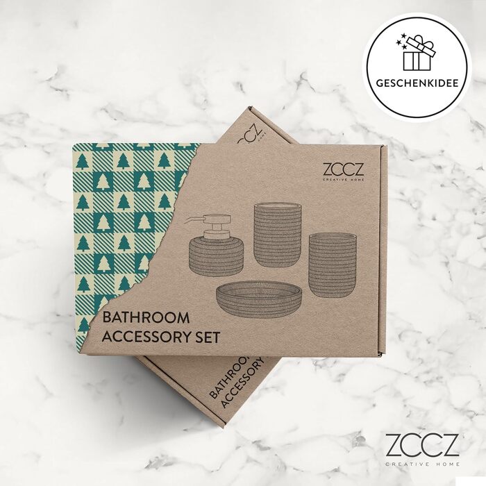 ZCCZ Bathroom Set – 4-Piece Organizer Set with Toothbrush Holder, Soap Dispenser, Cosmetic Bowl, and Cotton Swabs – Elegant Stone-Look Decor, for Modern Bathrooms (Beige 4pcs)