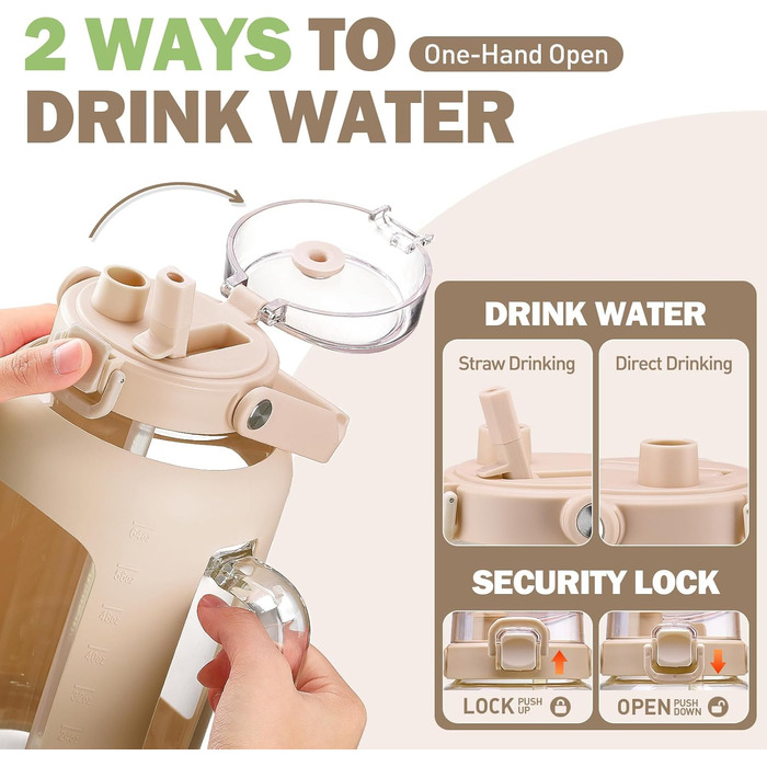 2 Liter Glass Water Bottle with Handle, 2L Glass Pitcher with Straw and Lid, Motivational Sports Water Jug with Time and Volume Markings, Leak-Proof, Light Green (Amber, 2000 ml)