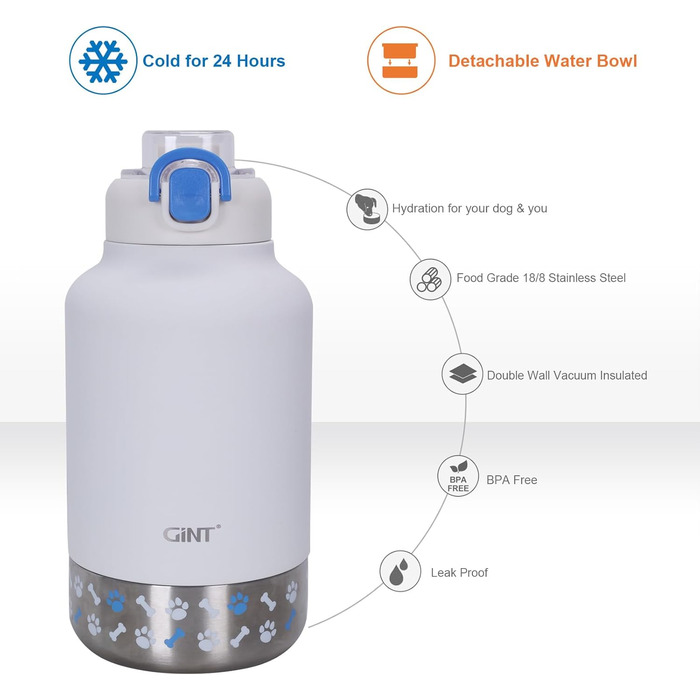 GiNT Ізольована пляшка для води з нержавіючої сталі для собак та людей, багатофункціональний дорожній диспенсер з знімними мисками та сумкою, водонепроникна годівниця для тварин для прогулянок, походів, кемпінгу, авто, білий/розкішний сад