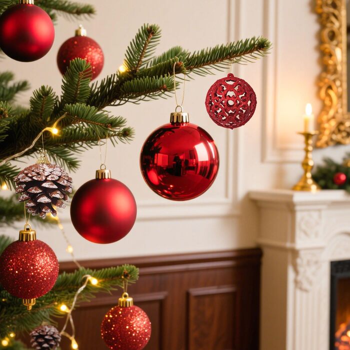 Набір прикрас для ялинки 101 шт. з пластикових кулі, рожеве золото, матові, блискучі, з шишками та стрічками для декору ялинки, вечірки, дому (червоний)