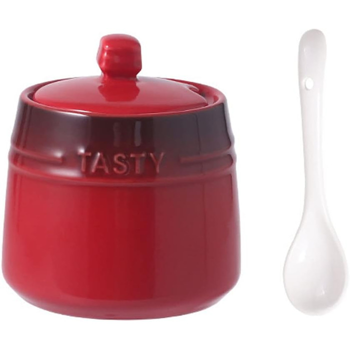Colorful Ceramic Spice Jar, Spice Container, Sugar Bowl with Lid and Spoon - Red
