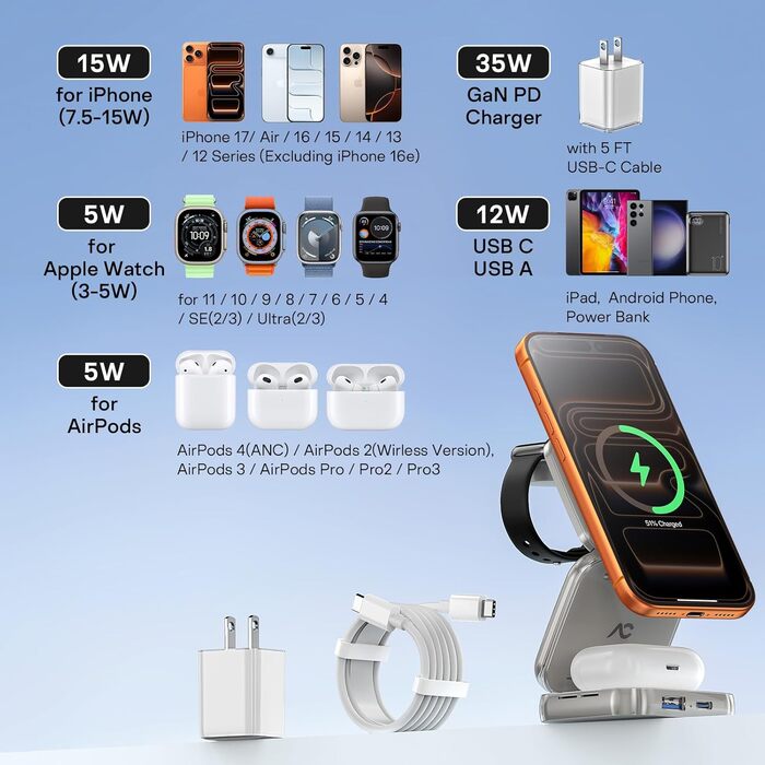 Зарядна станція 5 в 1 для iPhone з магнітним кабелем, складний зарядний пристрій для подорожей, сумісний з iPhone 17/16/15/14/13/12, AirPods Pro 3, Apple Watch S11/Ultra (Titan Wüstensand) 2026-Titan Grau
