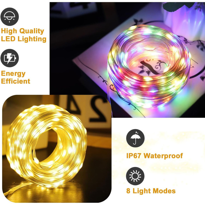 Гірлянда світлодіодна MOLVCE 10м, 100 LED, тепле біле світло, 8 режимів, вологостійка, з таймером, для декору