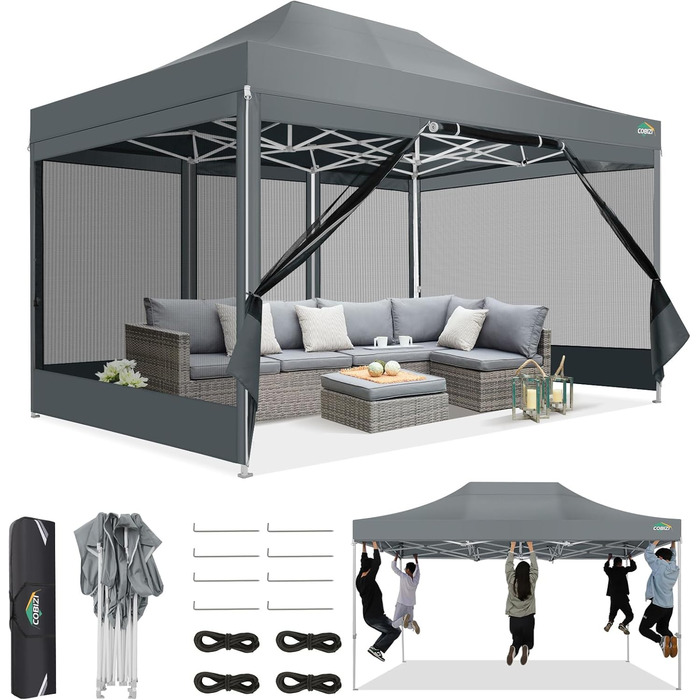 COBIZI Pavilion 3x3m Foldable, Waterproof & Winterproof – Stable Garden Tent with 23mm Steel Pipe, UV50+ and Mosquito Nets for Camping/Parties + Carry Bag (Gray, 3mx4.5m)