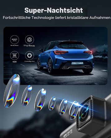Автомобільний відеореєстратор REDTIGER 4K STARVIS 2 з передньою та задньою камерами, OBD Hardwire Kit, 3.18