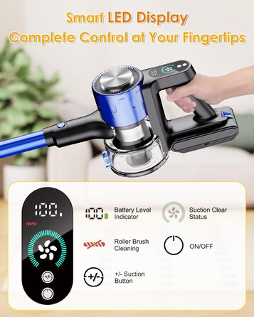Бездротовий акумуляторний пилосос 50000Pa/500W з дисплеєм, 3 режими, антизаплутувальна щітка, док-станція, 1л, тихий, для шерсті тварин/килимів/підлоги/авто