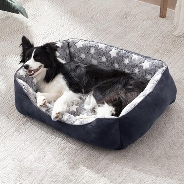 FURTIME Dog Bed - Medium Dogs, Dog Basket, Washable Dog Basket, Non-Slip Dog Beds, Fluffy Dog Mattress with Raised Edges, Soft Dog Sofa for Dogs Cat L(76x61x23cm) Black/Stars