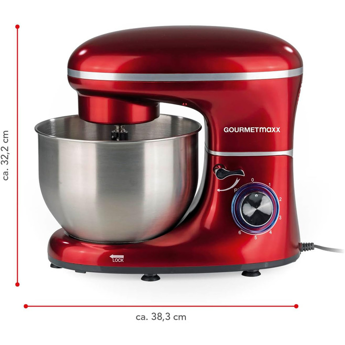 Gourmetmaxx Kitchen Machine with Kneading and Whisking Function | Powerful kitchen machine with a large 5-liter stainless steel bowl and direct drive | Includes whisk attachment, dough hook & beaters [1,500 watts] Metallic Red