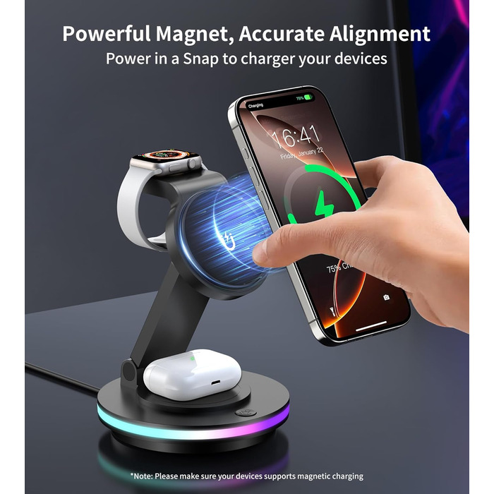 Зарядний пристрій MagSafe 3-в-1 для Apple Watch та iPhone, складний, поворотний з регулюванням світла, бездротовий зарядний стан MagSafe для iPhone 16/15/14, AirPods (без адаптера) - Чорний