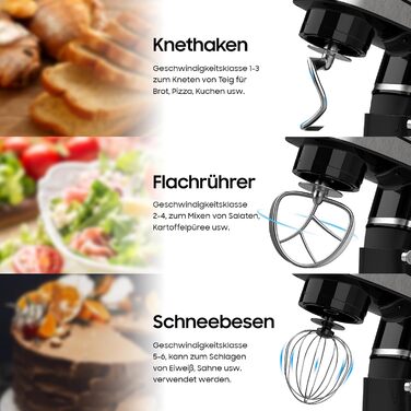 Кухонна машина з чашею 6л з нержавіючої сталі, міксер для тіста з Flexi-мішалкою, гаком для тіста та вінчиком, 6 швидкостей, 1500 Вт