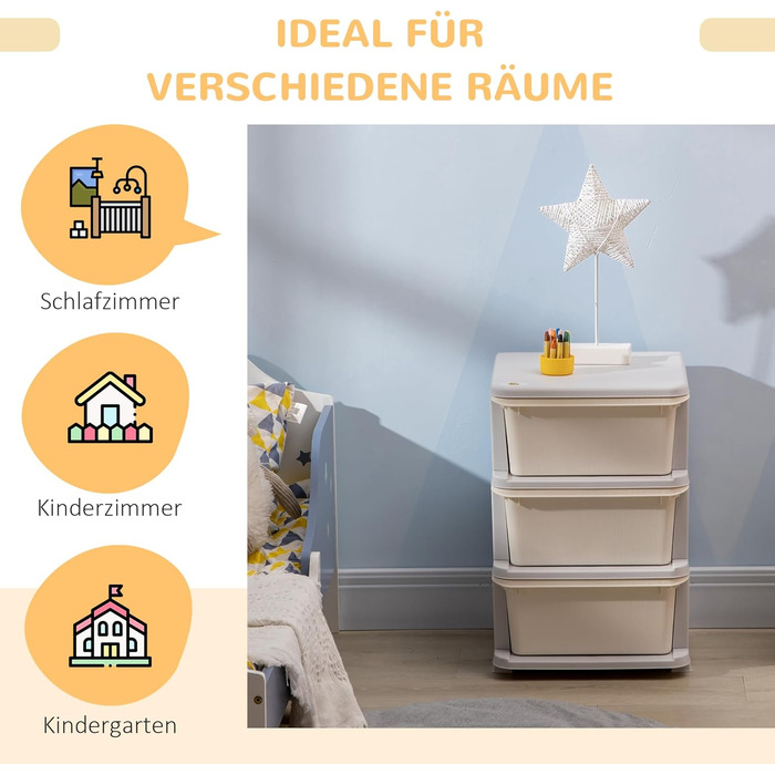 HOMCOM Kids' Storage Drawer Cabinet with Storage Boxes, Toy Organizer, Toy Chest, Three Tiers for Kids' Rooms, 3-6 Years, Children's Furniture, 37 x 37 x 56.5 cm (37L x 37W x 56.5H cm, Cream White)