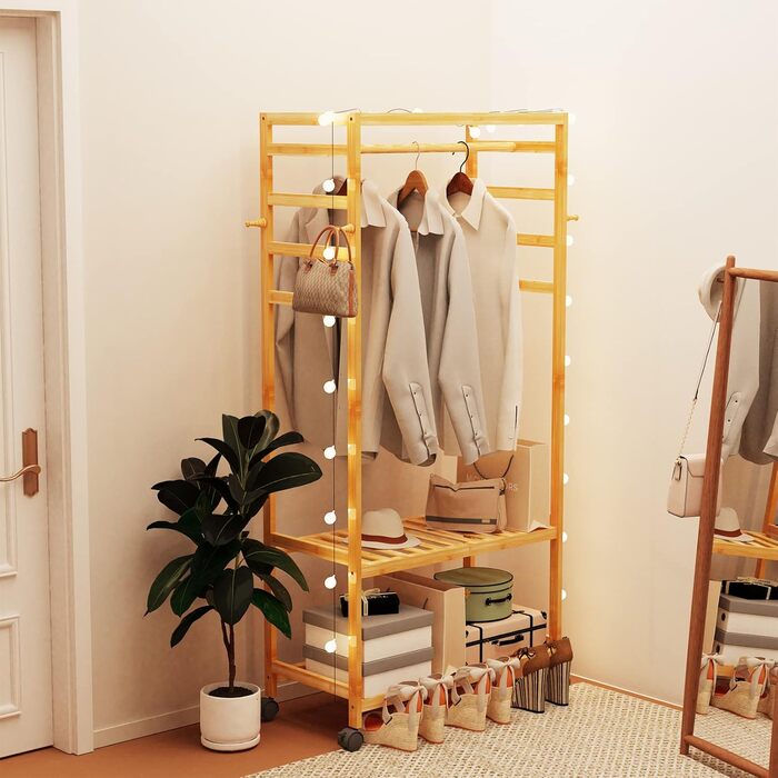 Bamboo Coat Rack, Clothes Rack with 3 Shelves and 10 Hooks, Laundry Rack with Clothes Rod, for Entryway, Living Room and Office, 80x43.5x165cm (Natural3)
