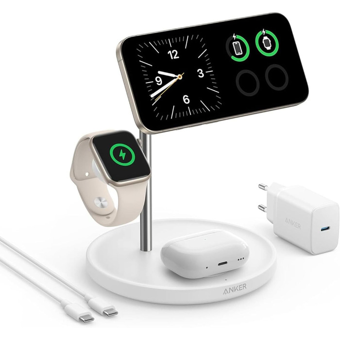Anker MagGo Зарядна станція 3-в-1 бездротова, 15W, MagSafe, Qi2, для iPhone 16/15/14/13, AirPods Pro, Apple Watch Ultra (з USB-C адаптером та кабелем)