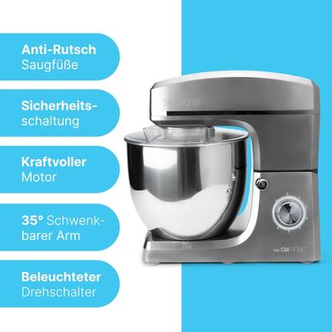 Планетарний міксер Clatronic KM 3765 XXL для випічки, чаша 10л, 1500Вт, тістомішалка з насадками та захистом від бризок (Титан)