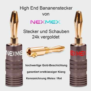 NEXMEX Бананові роз'єми 4 мм (10 шт.) Ultimate - позолочені 24K для акустичних кабелів Hi-Fi