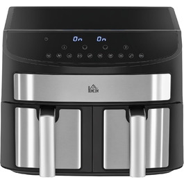 Фритюрниця HOMCOM з подвійними зонами, 8 л, 2400 Вт, 2 відсіки, 10 програм, антипригарне покриття, кошики, що миються, фритюрниця без олії, енергозберігаюча, чорна