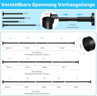 Штанга для карнизів без свердління 100-230 см, штанга для кріплення фіксаторів, 1 шт (діаметр 25 мм), регульована телескопічна штанга, штанга для душу, вікна та балкону (81-194 см, 1 шт, чорний)