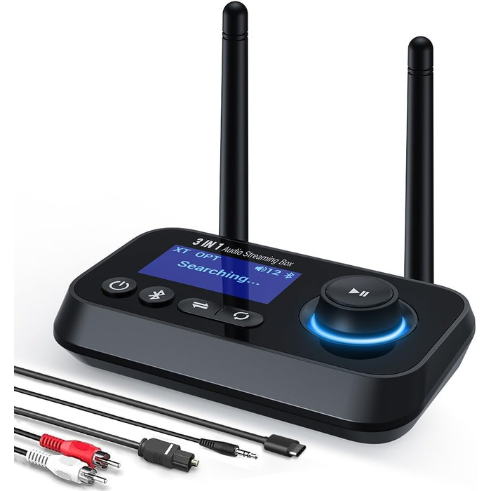 Передавач Bluetooth Ainostone 3-в-1: 2 навушники, аудіоадаптер, передавач/приймач, низька затримка, AUX, RCA, для TV, PC, чорний