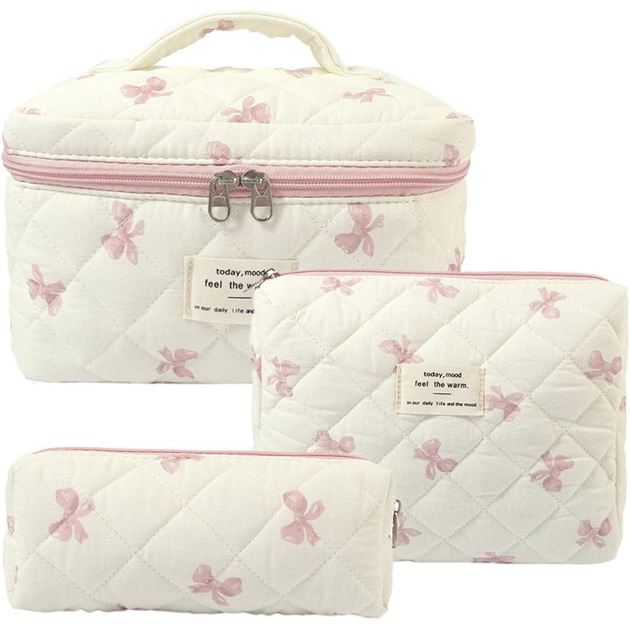 Набір косметичок з квітами для дівчаток, набір культуртреш для жінок, степкова косметичка для макіяжу, бавовняний культуртреш, косметичка Coquette, естетичні речі Clean Girl, косметична сумка (біло-рожева стрічка)