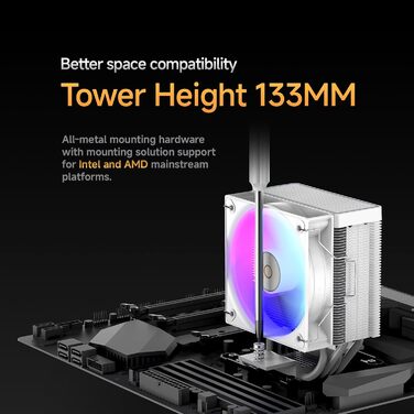 Кулер для CPU Gamma A40 WH ARGB з 4 тепловими трубками, 100мм PWM вентилятор, сумісний з Intel LGA 115X/1200/1700/1851 & AMD AM4/AM5