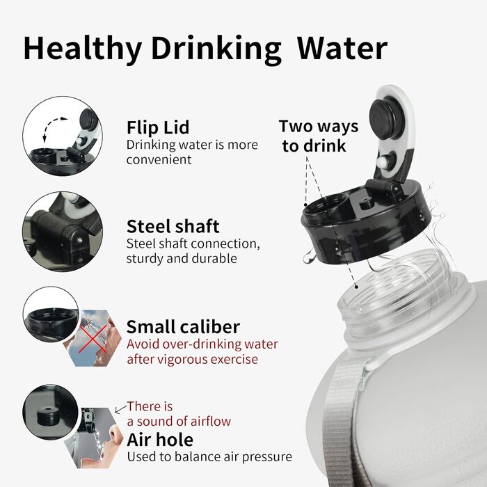 TOOFEEL Water Bottle 2L - 2 Liter Water Bottle BPA Free, Large Bottle, Reusable Sport Water Bottle with Measurements Marked, Gym Water Bottle - Black and White