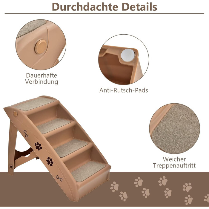 COSTWAY 4-Step Pet Staircase with Carpet, Dog Stairs Plastic Cat Stairs Folding, Portable Dog Ramp Pet Stairs for Dogs and Cats, Pet Ramp for Climbing and Scratching (Brown)