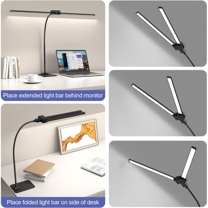 LED Desk Lamp with Adjustable Brightness, 1200 Lumens Dual Head Clamp-On for Home Office, Eye Protection Gooseneck Table Lamp, Monitor Light with 5 Color Temperature & Brightness Levels (Black Dual-Head Metal Base)