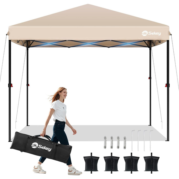 Sekey One-Touch Pop-Up Pavilion 3x3 Waterproof Stable Winter-Proof, Folding Pavilion 3x3m with Thickened Tubes, Party Tent Pavilion Foldable for Camping Festival Party, Khaki