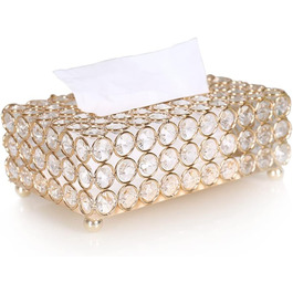 Crystal Cosmetic Box 20 × 13 × 6 cm Rectangular Gold Decorative Tissue Box, Metal Rhinestones Glitter Cosmetic Tissues Desktop Tissue Box for Bedroom Bathroom Living Room