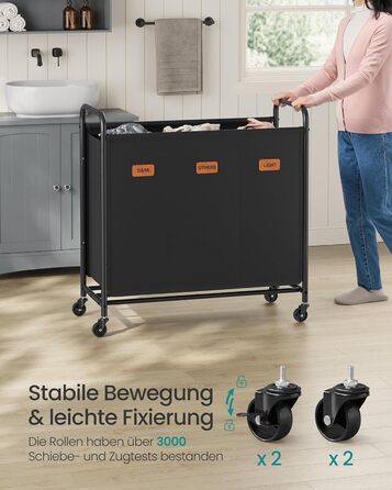 SONGMICS Laundry Basket with Wheels, 3-Compartment Laundry Sorter, 170 L Laundry Sorter, Mobile Laundry Cart, 5 Labels, for Laundry Room, Bedroom, Bathroom, Ink Black RLS330B01